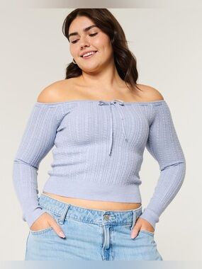 Hollister Light Blue Off-the-Shoulder Cable Knit Sweater